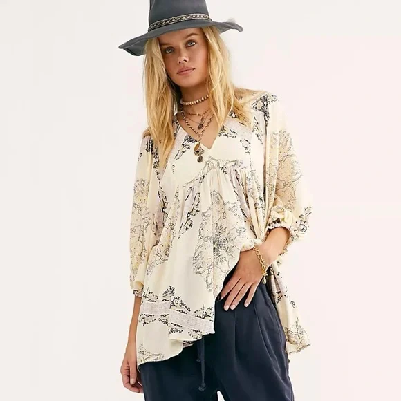 Free People Girl Talk Babydoll Tunic Ivory Boho Flowy Top Size S - Picture 4 of 15